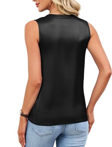 Leikar V Neck Blouses for Women Dressy Casual Top Sleeveless Camisole Silk Satin Tank Tops Work Shirts Black - Thumbnail 5