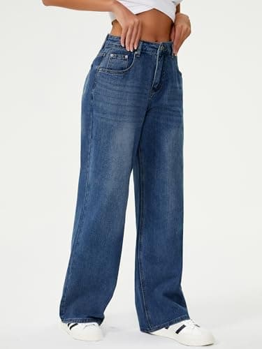 HDLTE Women's High Waist Baggy Boyfriend Jeans - Wide Leg Loose Denim Pants with Pockets(Dark Blue,X-Small) - Thumbnail 4