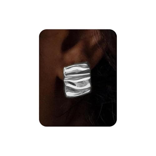 UANNEAU Silver Chunky Earrings for Women Trendy, 14K White Gold Plated Dainty Wavy Square Earrings Statement Minimalist Hypoallergenic Stud Earrings - Image 1