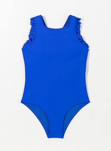 DOKOTOO KIDS Girls Swimsuit Summer Teen Girl Swimming Suits Removable Pads Ruffle One Piece Swimsuits Solid Cute Fashion Swimwear Cross Back Sleeveless Beachwear Royal Blue Size 12 13 Years Old - Thumbnail 5