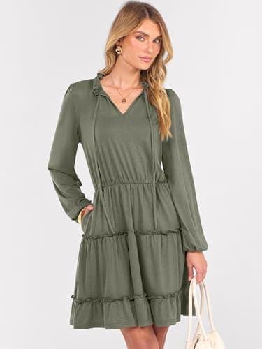 Caracilia Long Sleeve Dress for Women Fall 2026 Casual V Neck High Waist Tiered Ruffle Aline Swing Tunic Short Mini Dresses X-Large Army Green - Thumbnail 3