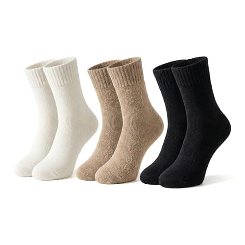 BSHITWO 3 Pairs Socks for Women, Soft Fleece-Lined Wool Crew Socks, Winter Warm Thermal Boot Socks for Hiking Work Casual & Athletic - Ladies Gift Set, White, Light Coffee, Black - Image 1