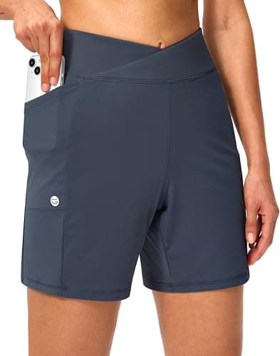 G Gradual Women's Athletic Shorts 6" High Waisted Stretchy Bermuda Shorts for Women Quick Dry Summer Casual Shorts(Stone Blue,3XL) - Image 1