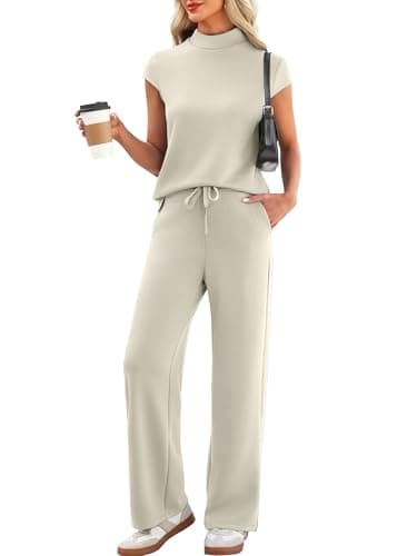 Casly Lamiit 2 Piece Sets for Women Summer 2026 Outfits Lounge Travel Vacation Clothes Cap Sleeve Tops Drawstring Wide Leg Pant Sets Dark Beige XL