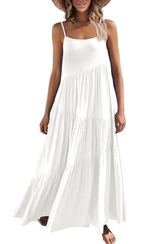 ECOWISH Women Sleeveless Maxi Dress: Summer Spaghetti Strap Casual Loose Boho Beach Dress Asymmetric Tiered Flowy Long Dress Solid White L - Image 1