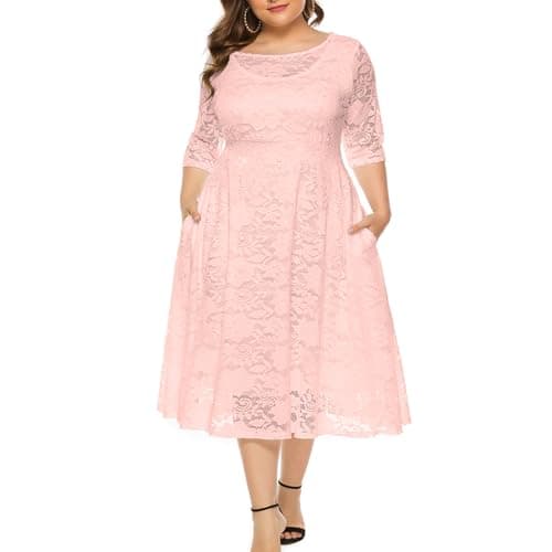 Eternatastic Womens Scooped Neckline Floral lace Top Plus Size Cocktail Party Midi Dress 6XL Pink - Image 1
