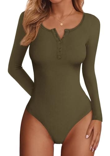 PRETTYGARDEN Long Sleeve Bodysuits for Women 2026 Ribbed Knit Henley Button Up Slim Fitted Basic Tops Spring Fashion Clothing (Army Green,X-Large) - Image 1