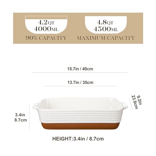 MALACASA 9x13 Ceramic Baking Dish, 4.8 QT Deep Casserole Dish with Handles, Oven Safe Lasagna Pan for Baking, Roasting & Serving, Rectangular Bakeware, Khaki & White, Tara - Thumbnail 2