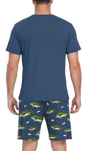 PrinStory Men's I've Got Game Pajama Set, Bass Fish Graphic Tee and Printed Shorts, Novelty Sleepwear Loungewear Set for Home, Fishing Gift, Blue L - Thumbnail 5