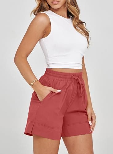 Dokotoo Athletic Shorts for Women Red Running Workout Gym Womens Shorts High Waisted Causal Summer Outfits 2026 Beach Vacation Clothes Pockets Spring Elastic Quick Dry Yoga Size Medium Hiking - Thumbnail 6