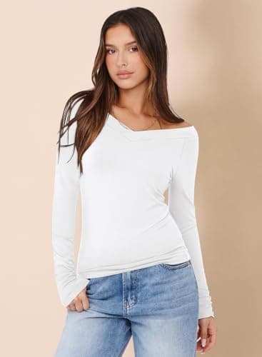 MIHOLL Fall Tops for Women 2025 Long Sleeve Shirts for Women Dressy Casual Off Shoulder Going Out Y2K Tops Party White X-Large - Thumbnail 5