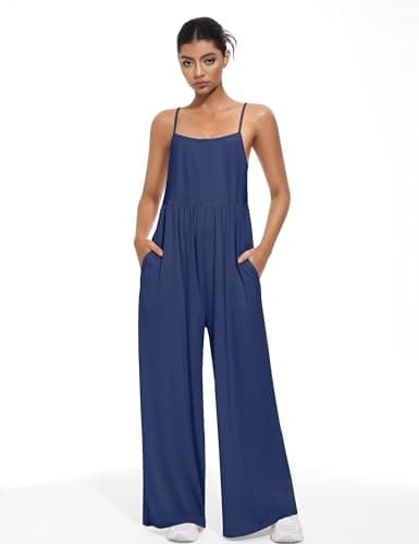 EUYZOU Jumpsuits for Women Casual Loose Fit Summer Outfits Wide Leg Rompers Sleeveless Vacation Trendy One Piece Jumpers, Navy XXL - Thumbnail 3
