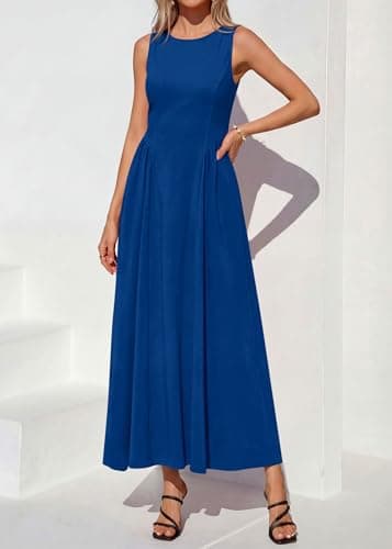 KIRUNDO Wedding Guest Dresses for Women 2026 Summer Semi Formal Work Sleeveless Elegant Boat Neck Flowy A Line Maxi Dress(Bright Blue, Large) - Thumbnail 2