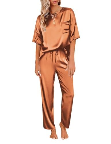 Ekouaer Womens Silk Satin Pajamas Set Two Piece Pj Sets Sleepwear Loungewear Short Sleeve Pj Sets - Image 1