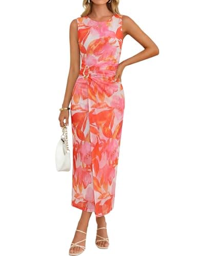ZESICA Women's 2026 Summer Floral Bodycon Midi Dress Sleeveless Crewneck Mesh Ruched Wedding Guest Party Long Dresses,Orange,Large - Image 1
