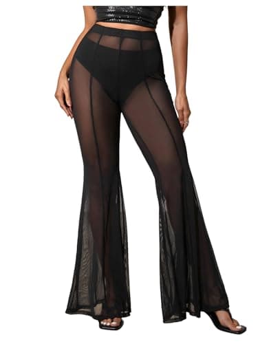 Milumia Women's Sheer Mesh Flare Pants Sexy High Waist Loose Bell Bottoms Party Club Trousers Black Medium - Image 1