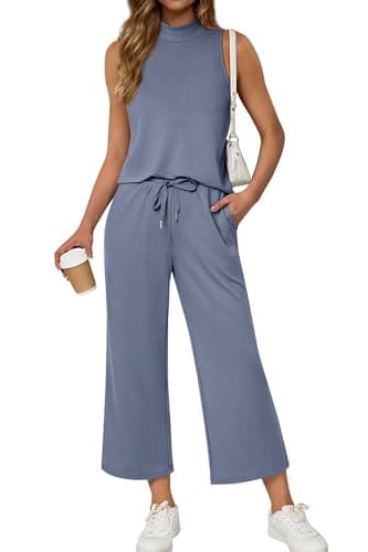 ATHMILE Two Piece Sets for Women Spring Summer Outfits Lounge Travel Mock Neck Drawstring Wide Leg Pants Tops Beach Vacation - Image 1