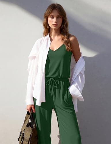 Ekouaer Womens Summer Jumpsuits Dressy Sleeveless Wide Leg Long Pants Rompers Casual One Piece Outfits with Pockets Green XL - Thumbnail 2