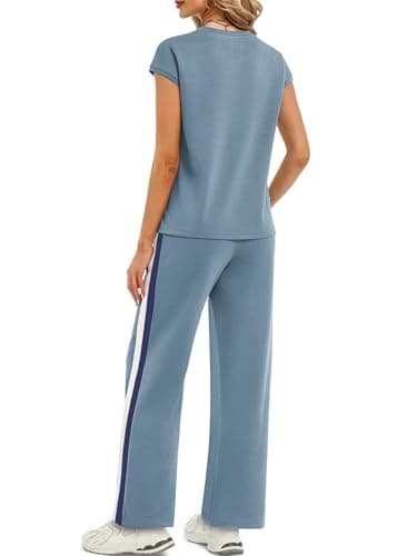 Casly Lamiit Workout Sets for Women Summer Vacation Outfits 2 Piece Sets Short Sleeve Fashion Clothing Blue Grey XL - Thumbnail 4