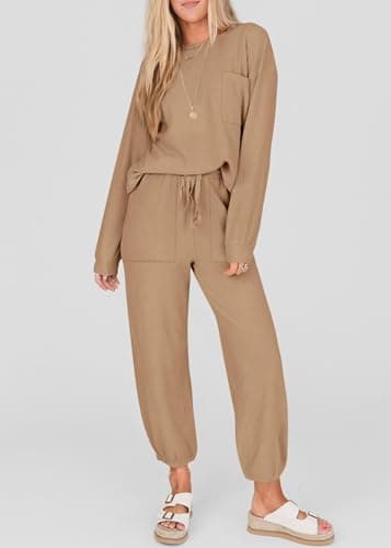 KIRUNDO Lounge Sets for Women 2026 Fall Airport Travel Outfits Ribbed Knit Tops Jogger Pants Tracksuit Postpartum Comfy Set(Khaki, XX-Large) - Thumbnail 2