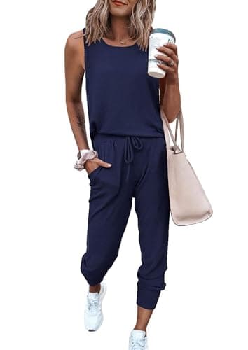 PRETTYGARDEN Women's Two Piece Outfit Sets Casual Summer Sleeveless Crewneck Tops and Sweatpants Active Tracksuit Lounge Wear (Navy,Large) - Image 1