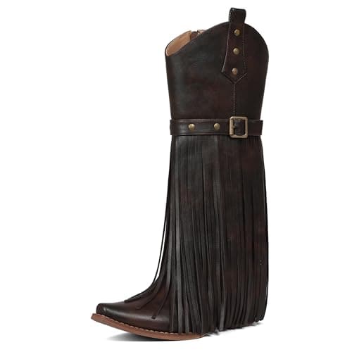 Grakihily Fringe Cowgirl Boots for Women Retro Square Toe Side Zipper Block Chunky Heel Tassel Country Concert Outfits Mid Calf Western Cowboy Boots,Brown Size 8 - Image 1