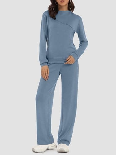 Casly Lamiit Womens Loungewear Set Two Piece Casual Outfits Mock Neck Pullover Tops Wide Leg Sweatpants Sets 2026 Fall Winter Chothes Blue Grey M - Thumbnail 2