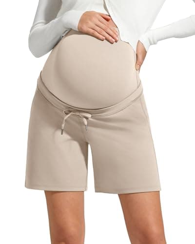 G4Free Maternity Shorts Drawstring Elastic Waist Over The Belly Athletic Pregnancy Workout Shorts with Pockets Casual(Light Khaki,XXL) - Image 1