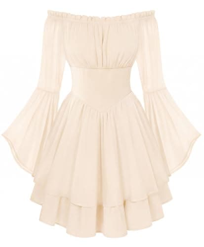 Scarlet Darkness Women Corset Dress Off Shoulder Bell Sleeve Ruffled Fairy Mini Dress Apricot XL