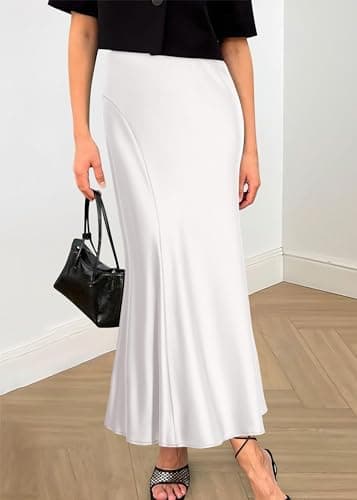 KIRUNDO Women Spring Summer Satin Maxi Skirt 2026 Trendy High Waisted Wedding Cocktail Party Work Silk A-Line Formal Skirts(X-Large, White) - Thumbnail 4
