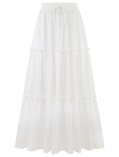 Arolina White Maxi Skirt for Women Casual Long Skirts with Pockets Summer Flowy High Waist Tiered Pleated Skirts XXL - Image 1