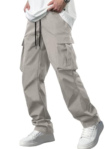 Comdecevis Men's Casual Cargo Pants Workout Joggers Stretch Sweatpants Hiking Drawstring Tactical Pants with Multi Pockets Grey
