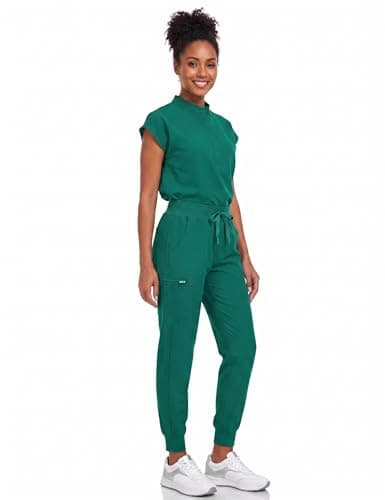 VECARDI Women's Scrub Jogger Pants High Waisted Stretch Nurse Work Bottoms 5 Pockets Elastic Waist Slim Fit Hunter Green - Thumbnail 6