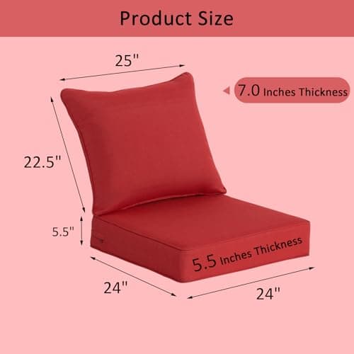 COZYVIDA Outdoor Deep Seat Cushion Set of 1, 24"x24" Seat & 25"x22.5" Back, C0 Water-Resistant Breathable Polyester, UV-Resistant 1000+ Hrs, 30D Foam with Recycled Fiber Fill,Chili - Thumbnail 2