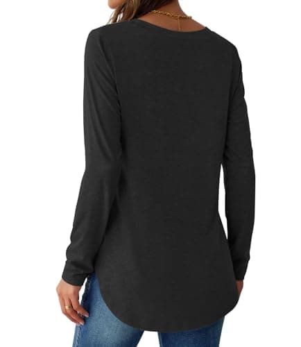 NORACORA Womens Long Sleeve Round Neck Shirts Side Split Basic Loose Tunic Tops Casual 2025 Trendy T Shirts Blouse Black S - Thumbnail 5