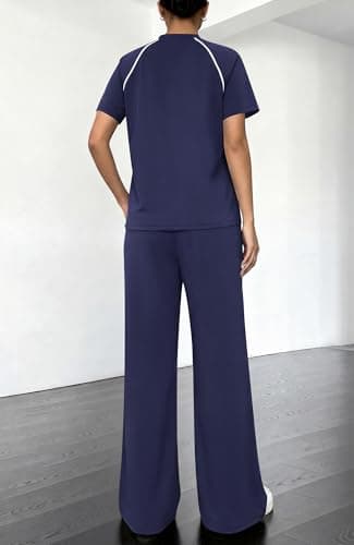 BTFBM Casual Two Piece Sets For Women Summer Outfits Solid Matching Sweatsuit Lounge Set Wide Leg Pants Workout(Navy Blue,X-Large) - Thumbnail 3