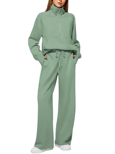 Casly Lamiit Womens 2 Piece Outfits 2025 Quarter Zip Sweatshirt Wide Leg Long Pants Lounge Jogger Sets Sweat Suits Spring Fashion Travel Clothes Set Tracksuit Pea Green XL - Image 1