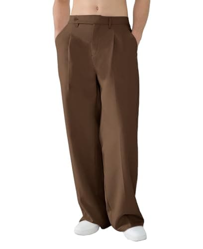 Susclude Mens Casual Dress Pants Pleated Old Money Wide Leg Baggy Pants Fall Relaxed Fit Slacks Work Trousers Brown - Image 1