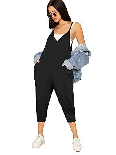 STOLKISS Women’s Spaghetti Strap Jumpsuits Summer Casual Sleeveless V Neck Thin Shoulder Strap Adjustable Jumpsuit Pant with Pockets (Y017 Black, XX-Large) - Image 1