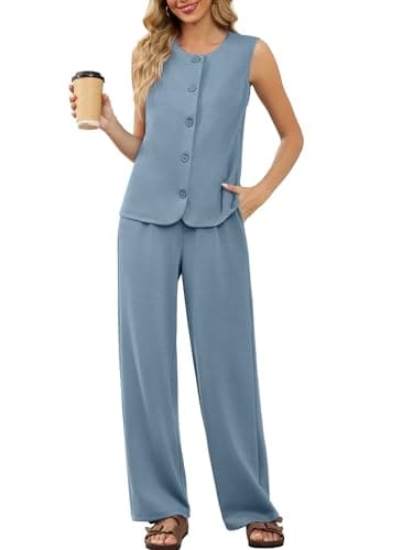 Casly Lamiit Womens Sets 2 Piece Outfits Summer Casual Lounge Travel Airport Clothes Matching Set Crew Neck Vest Waistcoat Wide Leg Pants Blue Grey M - Thumbnail 2