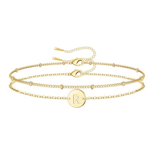 JNZSSWHJJH Teen Girls Gifts Initial Bracelet - 18K Gold Plated Letter R Bracelets for Women | Dainty Disc Monogram Charm Bracelet | Initial Bracelets for Women Girls Trendy Stuff - Image 1