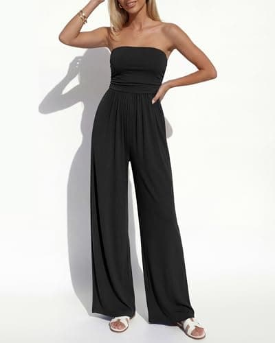 BTFBM Jumpsuits For Women Summer 2026 Beach Vacation Strapless Tube Top Jumpsuit Ruched Casual Wide Leg Pant Rompers(Black, Large) - Thumbnail 5