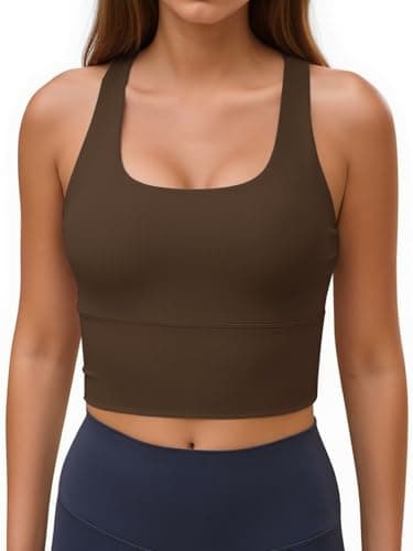 Aoysky Womens Racerback Sport Bra Workout Tank Tops Sleeveless Ribbed Athletic Yoga Tops with Built in Bra Coffee - Image 1