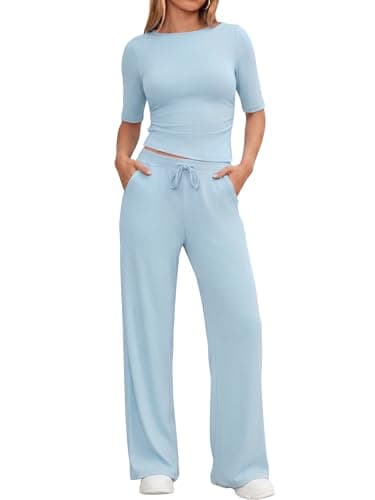 Casly Lamiit Two Piece Sets for Women Lounge Sets Summer Workout Sets Casual Active Wear Airport Travel Outfit Half Sleeve Wide Leg Pants Sweatsuit Blue S - Image 1