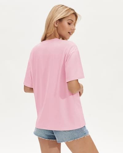 Stelle Women Crew Neck Short Sleeve T Shirts Oversized Summer Tops Loose Fit Soft Basic Tee Shirt Pink X-Small - Thumbnail 5