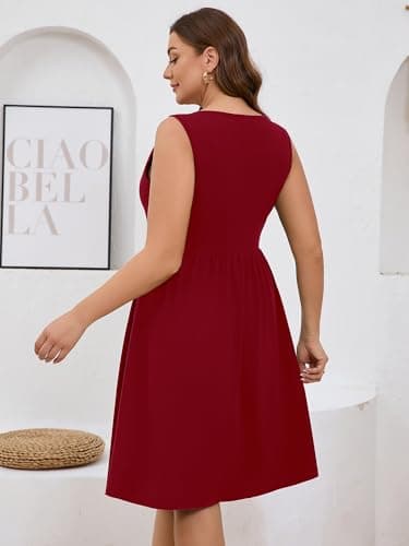 AusLook Plus Size Women Summer Dress Sleeveless V Neck Casual Cute Loose Sundress Burgundy 4X Comfy Swing Button Down Midi Work Flowy Tunic Ladies Beach Vacation Teacher Dresses with Pockets - Thumbnail 2