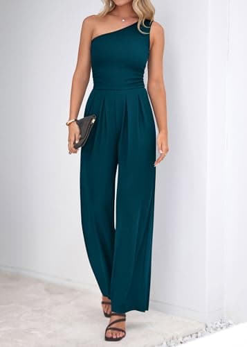 KIRUNDO One Shoulder Jumpsuits For Women Dressy Summer Formal One Piece Ribbed Wide Leg Romper Pockets Cocktail Party Outfits(Lake Blue, Medium) - Thumbnail 4