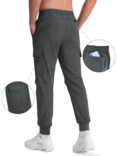Crastimo Men's Hiking Pants Elastic Waist Drawstring Cuffs Sweatpants Lightweight Zipper Pockets Slim Fit Trousers Tapered Running Outdoor Gray L - Thumbnail 3