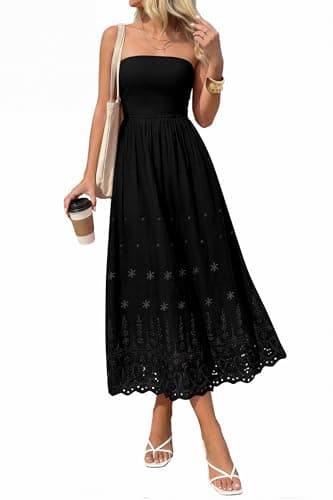 PRETTYGARDEN Womens Summer Dresses 2026 Sexy Sleeveless Tube Top Long Dress Eyelet Cotton Maxi Beach Sundress Pockets(Black,XX-Large) - Image 1