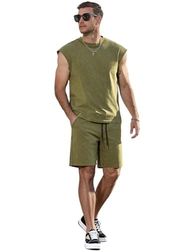 JEMLDL Men's 2 Piece Acid Wash Tank Tops and Shorts Lounge Lightweight Cotton Sweatsuit Fashion Clothing Set Olive XXL - Thumbnail 2